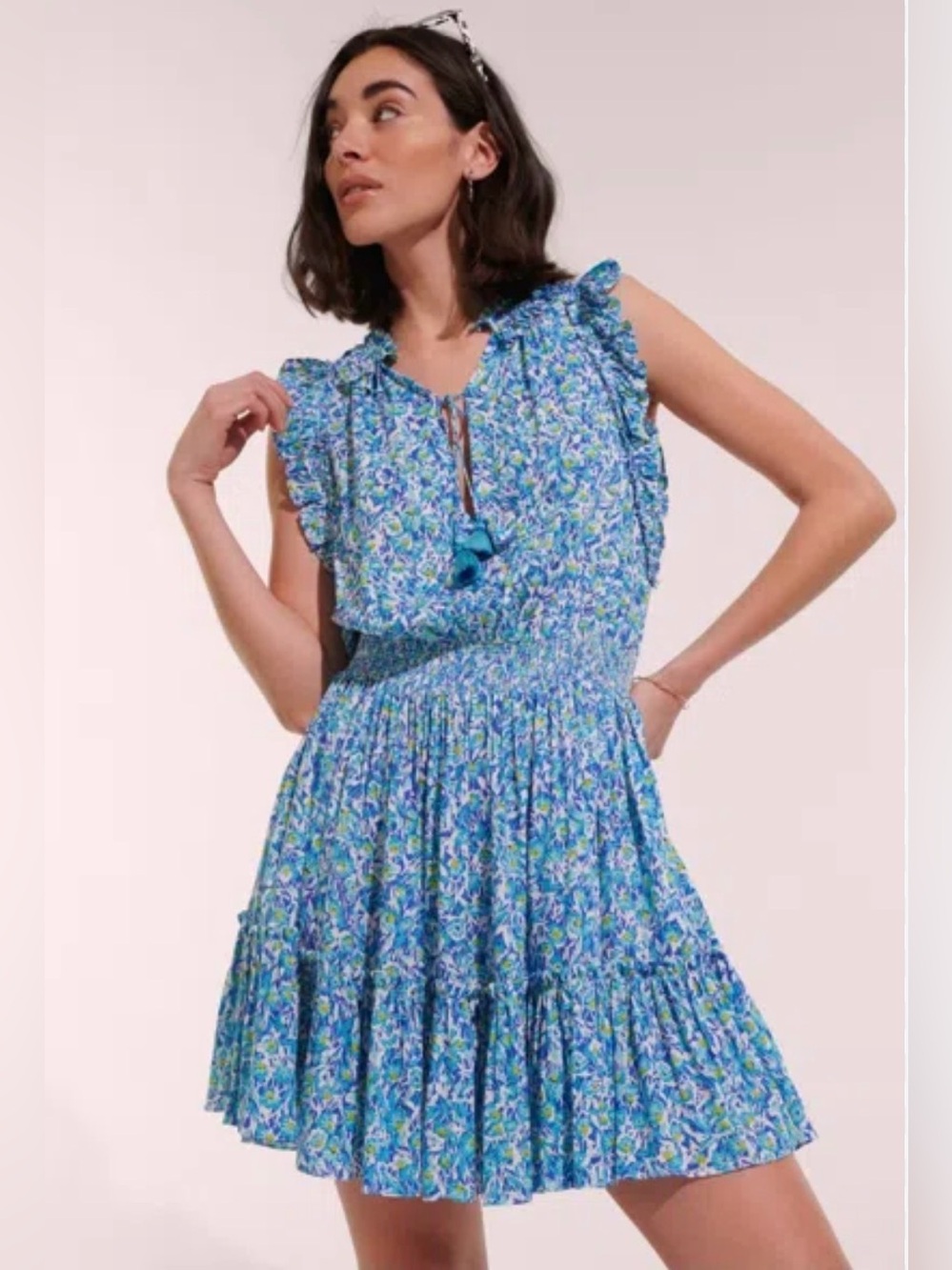 Poupette St. Barth Triny Tiered Mini Dress Size Large Blue Ocean Flowers Tassels